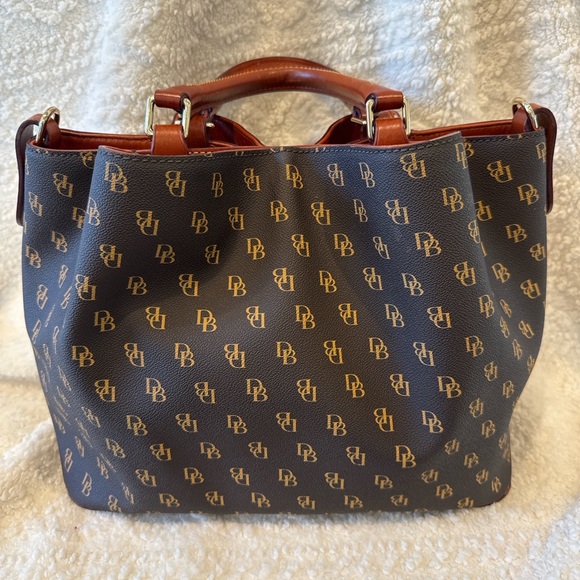 Dooney & Bourke DB Monogram Satchel Brown Leather Trim Red Interior - Picture 6 of 7